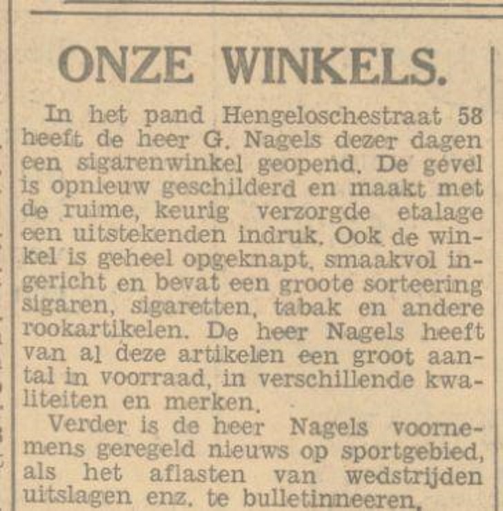 Hengelosestraat 58 sigarenwinkel G. Nagels geopend krantenbericht Tubantia 26-11-1932 .jpg