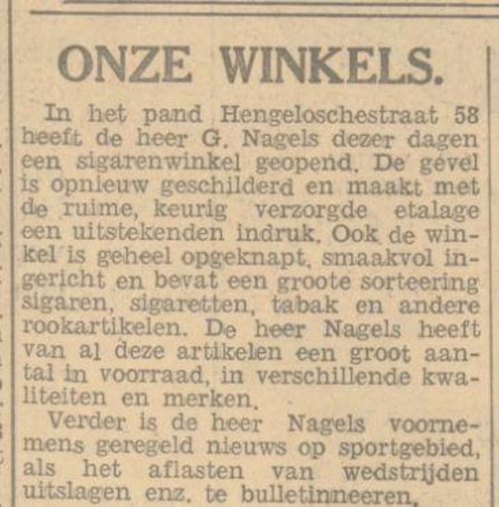 Hengelosestraat 58 sigarenwinkel G. Nagels geopend krantenbericht Tubantia 26-11-1932 .jpg