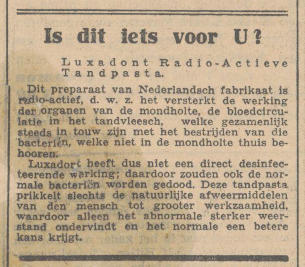 Luxadont Radio-actieve tandpasta krantenbericht Arnhemsche Courant 27-4-1933.jpg