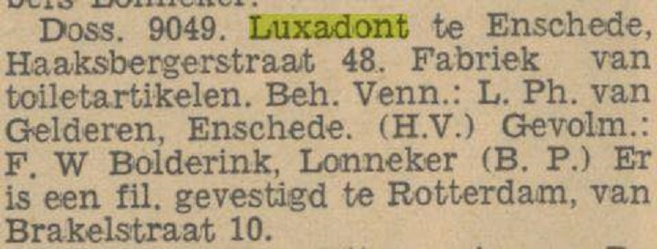 Haaksbergerstraat 48 Luxadont Fabriek van toiletartikelen L.Ph. van Gelderen Inschrijving Handelregister krantenbericht Tubantia 20-9-1932.jpg
