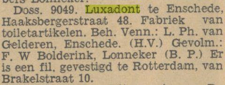 Haaksbergerstraat 48 Luxadont Fabriek van toiletartikelen L.Ph. van Gelderen Inschrijving Handelregister krantenbericht Tubantia 20-9-1932.jpg