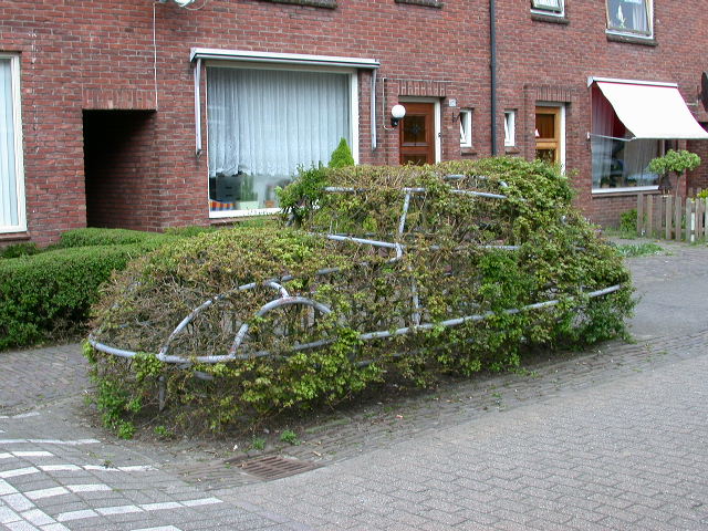 Esstraat, ter hoogte van de Oliemolensingel kunstwerk hegge-auto's..jpg