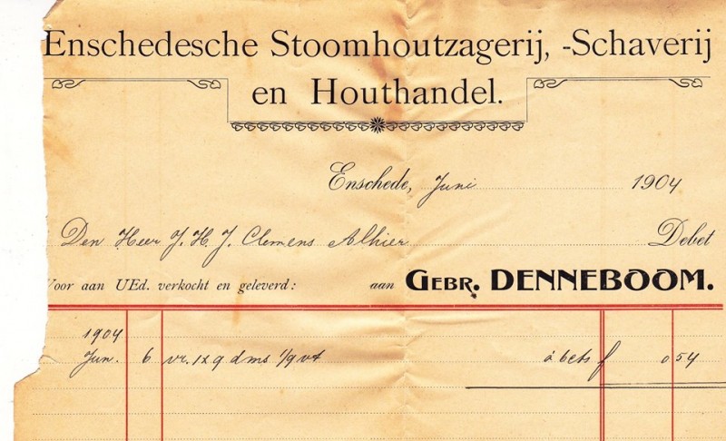 Emmastraat Enschedesche Stoomhoutzagerij, -Schaverij en Houthandel Gebr. Denneboom factuur 1904.jpg