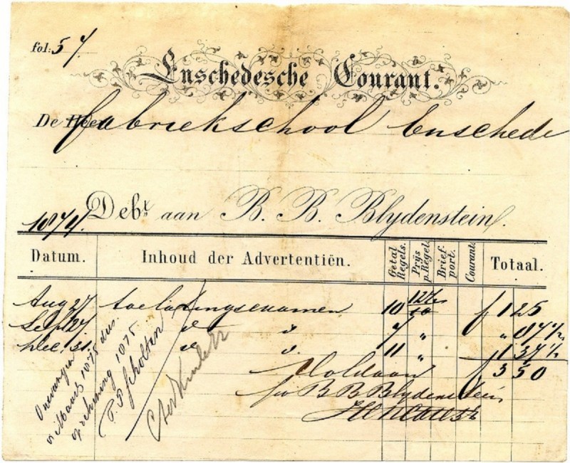 Enschedesche Courant B.B. Blijdenstein 1874.jpg