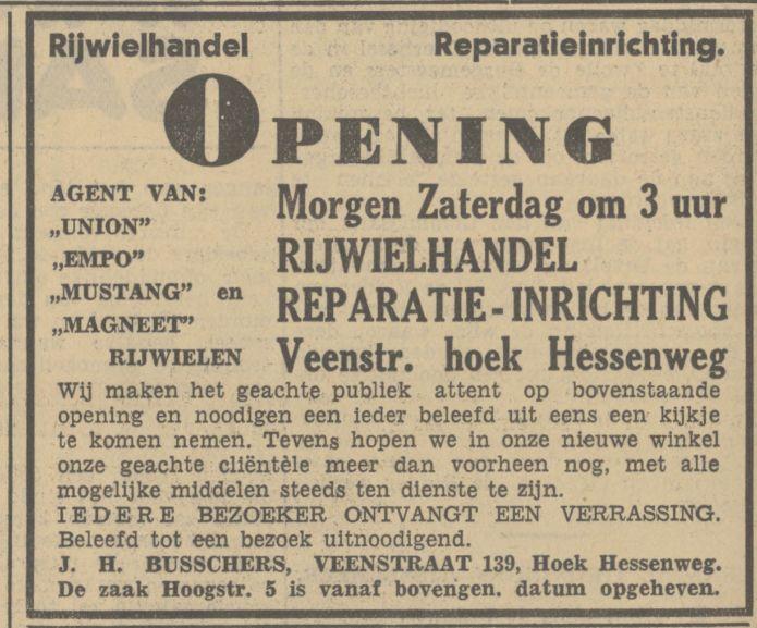 Veenstraat 139 hoek Hessenweg Rijwielhandel J.H. Busschers advertentie Tubantia 15-4-1938.jpg