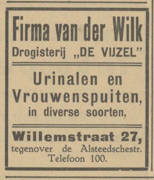Willemstraat 27 tegenover Alsteedschestraat Drogisterij De Vijzel Firma Van der Wilk advertentie Tubantia 30-7-1927.jpg
