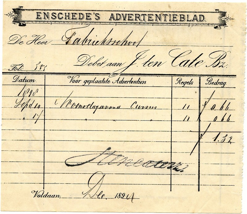 Haverstraat Enschede's Advertentieblad J. ten Cate Bz factuur1894.jpg