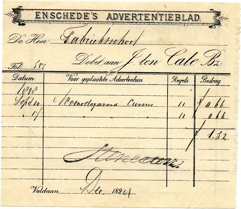 Haverstraat Enschede's Advertentieblad J. ten Cate Bz factuur1894.jpg
