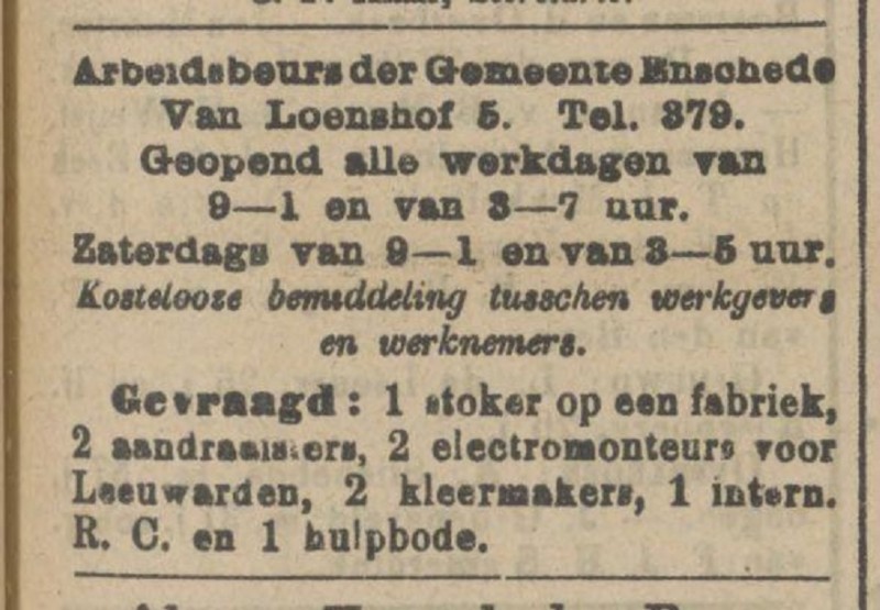 Van Loenshof 5 Arbeidsbeurs der Gemeente Enschede krantenbericht Tubantia 25-1-1912.jpg