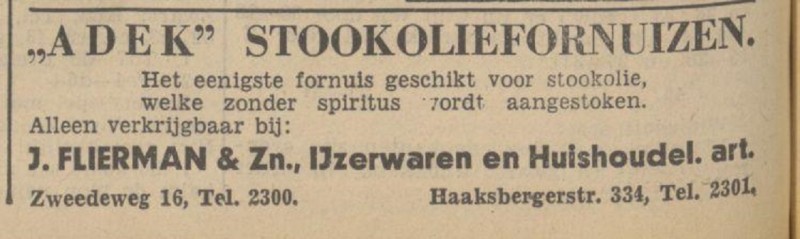 Zwedeweg 16 Haaksbergerstraat 334 J.Flierman & Zn IJzerwaren en Huishoudelijke art. advertentie Tubantia 5-9-1936  .jpg