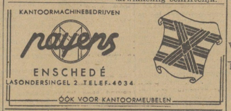 Lasondersingel 2 Payens kantoormachinebedrijven advertentie Tubantia 6-2-1943.jpg