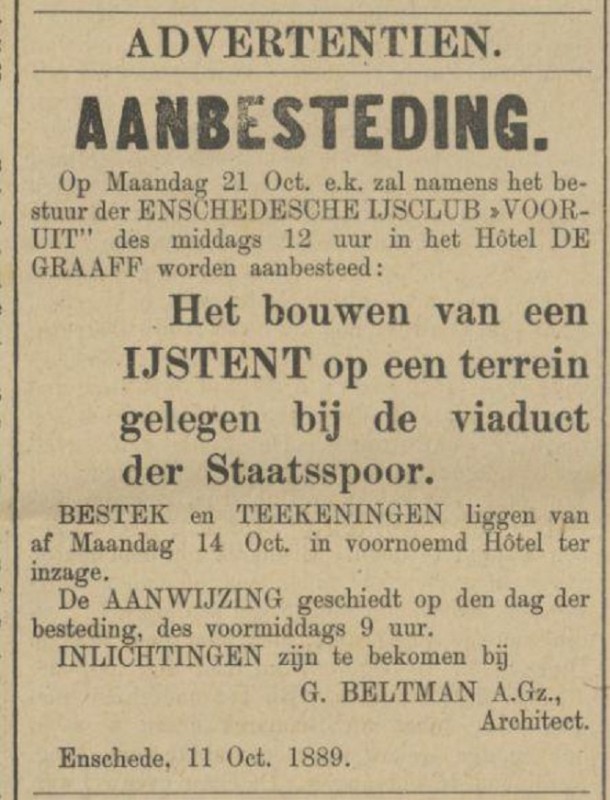 Staatsspoor viaduct ijstent Enschedesche IJsclub Vooruit advertentie Tubantia 19-10-1889.jpg