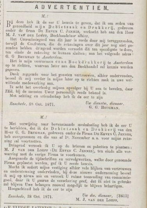 Erven G. Lennes drukkerij te Enschede overgedragen aan M.J. van der Loeff advertentie Nieuwsblad v.d. boekhandel 3-11-1871 .jpg