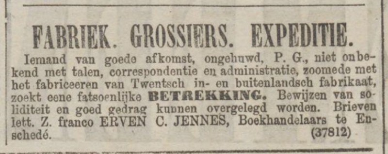 Erven C. Jennes boekhandelaars te Enschede advertentie Algemeen Handelsblad 29-12-1870.jpg