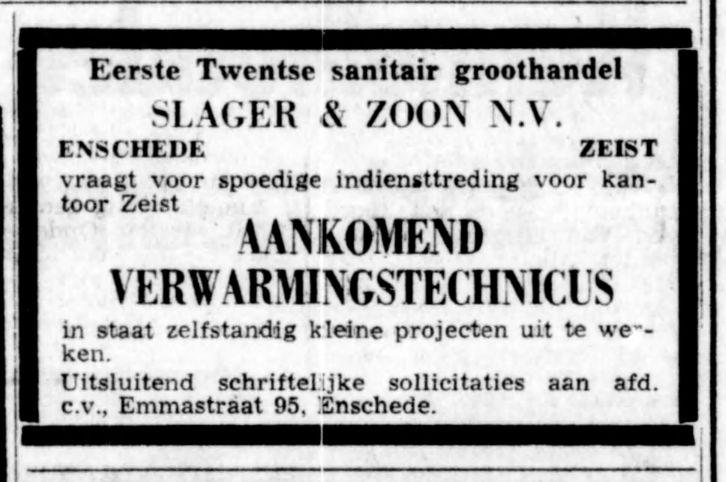 Emmastraat 95 Slager en Zoon N.V. Eerste Twentse sanitair groothandelm advertentie De Telgeraaf 6-11-1968.jpg