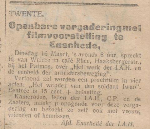 Haaksbergerstraat bij 't Pathmos cafe Rhee krantenbericht Soc. Dem. weekblad 13-3-1926.jpg