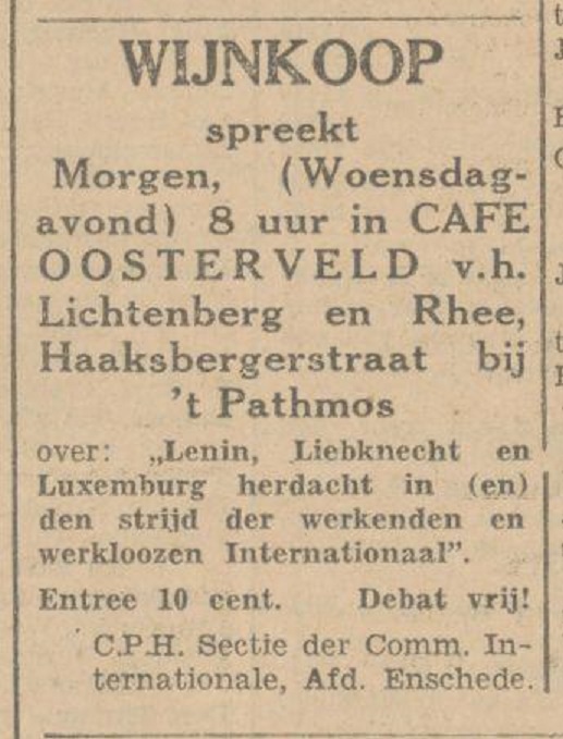 Haaksbergerstraat  bij 't Pathmos cafe Oosterveld v.h. Lichtenberg en Rhee advertentie Tubantia 13-1-1931.jpg