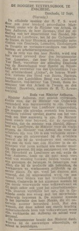 Hogere Textielschool opening door minister Aalberse krantenbericht De Tijd 13-9-1922.jpg