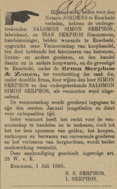 Firma Serphos & Zonen advertentie Tubantia 3-7-1886.jpg