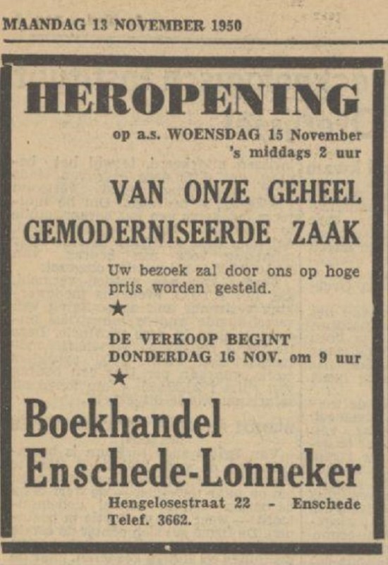 Hengelosestraat 22 Boekhandel Enschede-Lonneker advertentie Tubantia 13-11-1950.jpg