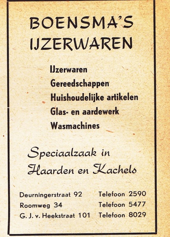 Deurningerstraat 92 Roomweg 34  G,J, van Heekstraat 101 Boensma's Ijzewrwaren.jpg