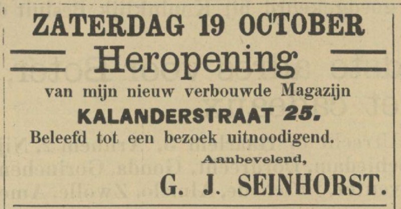Kalanderstraat 25 magazijn G.J. Seinhorst advertentie Tubantia 17-10-1907.jpg