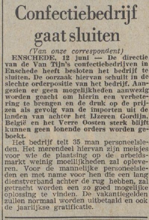 Van Tijn's Confectiebedrijven gaat sluiten kanrantenbericht Volkskrant 12-6-1965.jpg