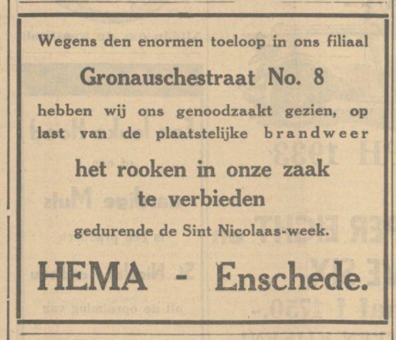 Gronausestraat 8 Hema advertentie Tubantia 29-11-1932 rookverbod tijdens Sint Nicolaasfeest.jpg