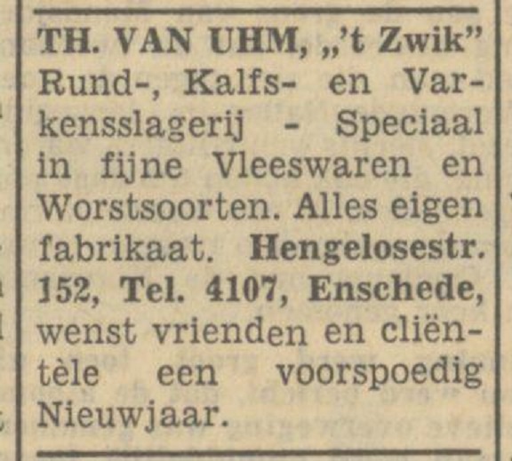 Hengelosestraat 152 slagerij Th. van Uhm advertentie Tubantia 30-12-1950.jpg