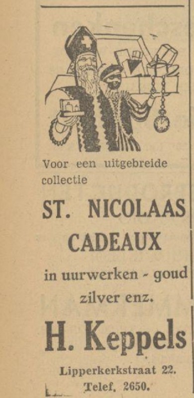 Lipperkerkstraat 22 H. Keppels juwelier sinterklaasadvertentie Tubantia 29-11-1949.jpg