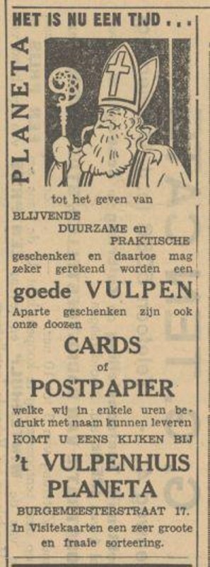 Burgemeesterstraat 17 Vulpenhuis Planeta sinterklaasadvertentie Tubantia 28-11-1933.jpg