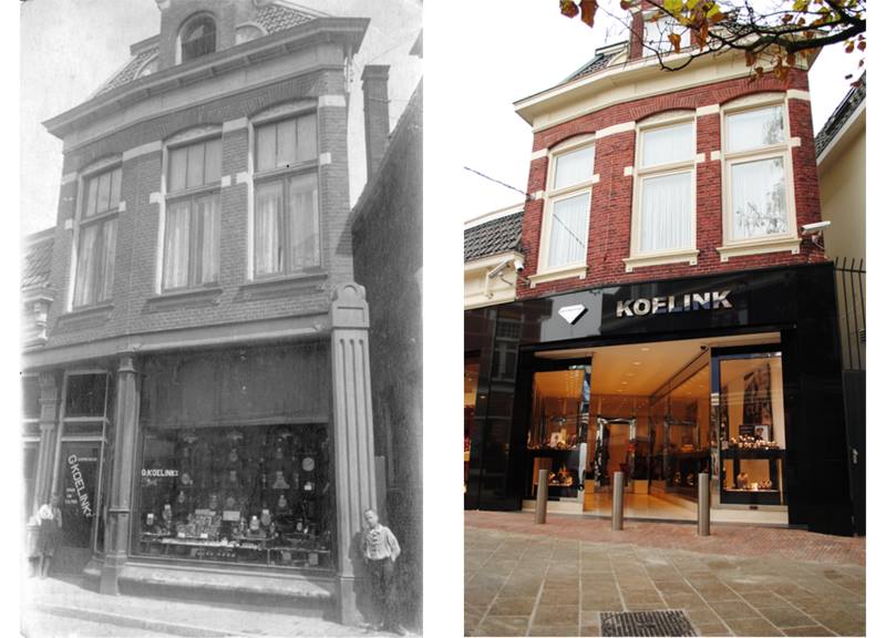 Haverstraat vroeger Burgemeesterstraat Fa. Koelink juwelier vroeger en nu.jpg