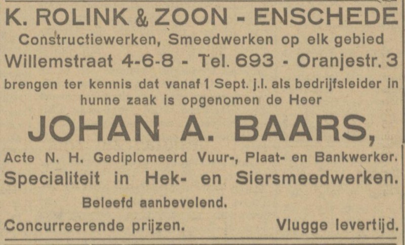 Willemstraat 4-8 K. Rolink & Zoon smeedwerken advertentie Tubantia 15-9-1926.jpg
