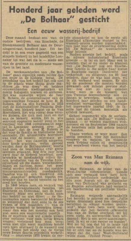 Deurningerstraat Honderd jaar geleden werd wasserij De Bolhaar gesticht krantenbericht Tubantia 16-9-1949.jpg