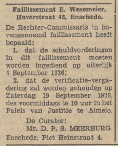 Haverstraat 42 E. Wesemeier kapper failliet krantenbericht Tubantia 4-8-1936.jpg