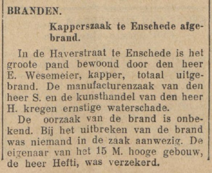 Haverstraat brand kapperszaak E. Wesemeier krantenbericht 6-1-1936.jpg