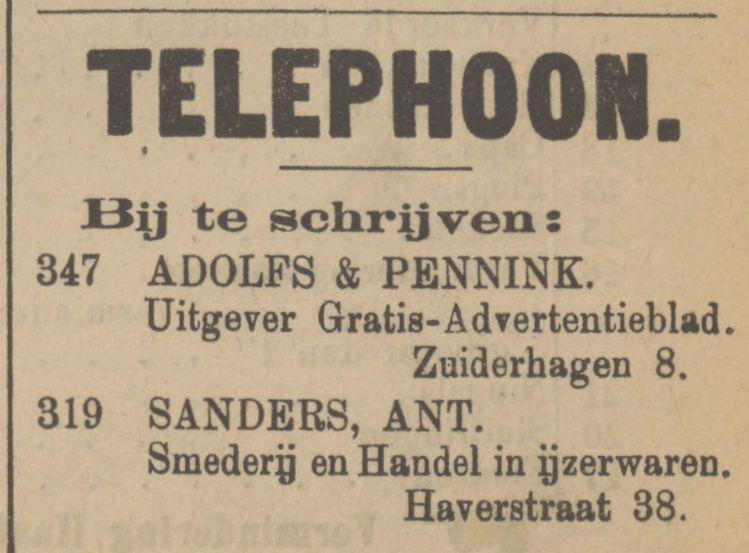 Zuiderhagen 8 Adolfs & Pennink Uitgever Gratis-Advertentieblad advertentie Tubantia 18-2-1905.jpg