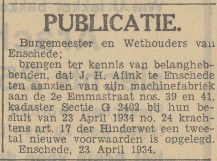 Tweede Emmastraat 39-41 machinefabriek Afink krantenbericht Tubantia 24-4-1934.jpg