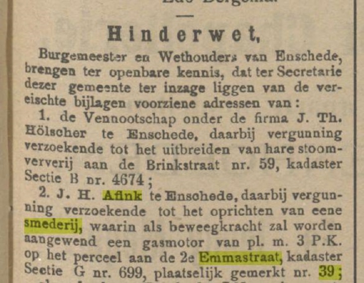 Tweede Emmastraat 39 smederij J.H. Afink hinderwetvergunning krantenbericht Tubantia 26-10-1912.jpg