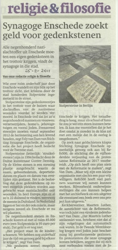 Synagoge Enschede zoekt geld voor gedenkstenen krantenbericht 25-2-2011.jpg