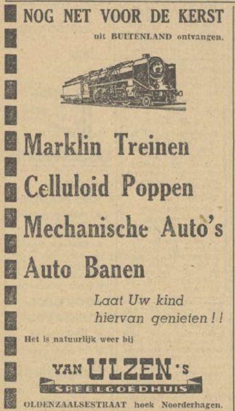 Oldenzaalsestraat hoek Noorderhagen Van Ulzen speelgoedhuis kerstadvertentie Tubantia 22-12-1948.jpg