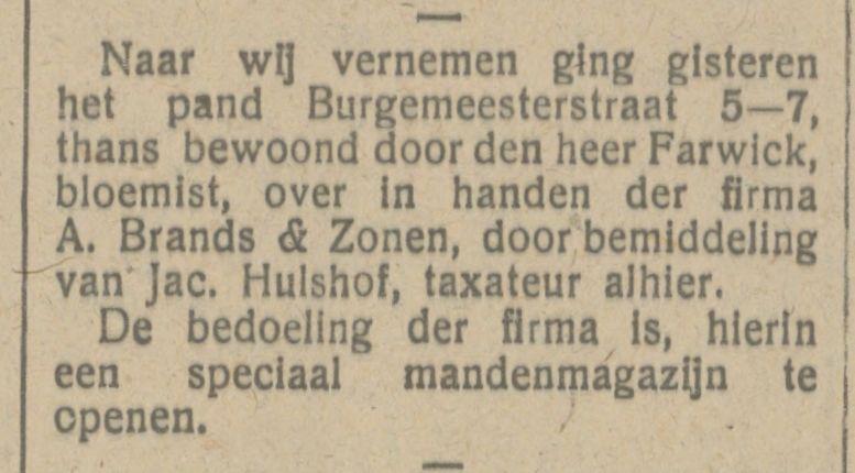 Burgemeesterstraat 7 Farwick Bloemis krantenbericht Tubantia 8-2-1918.jpg