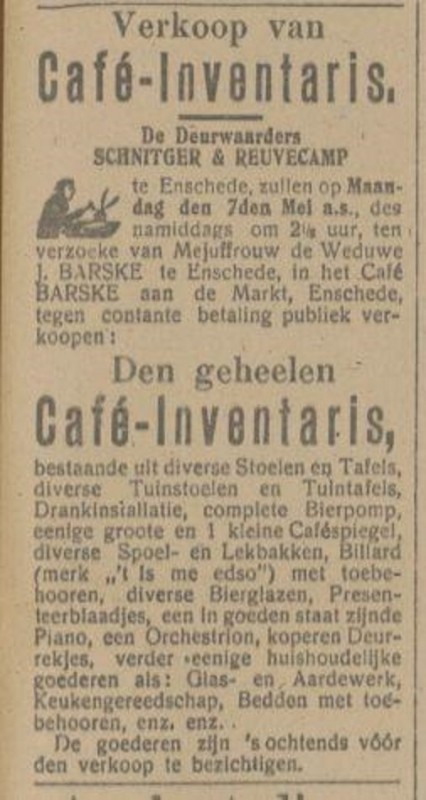 Markt cafe Barske verkoop inventaris advertentie Tubantia 5-5-1917.jpg