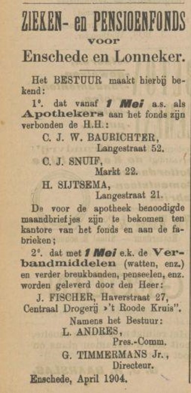 Langestraat 52  C.J.W. Baurichter Apotheker advertentie Tubantia 30-4-1904.jpg