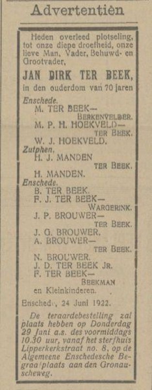 Lipperkerkstraat 8 J.D. ter Beek overlijdensadvertentie Tubantia 26-6-1922.jpg