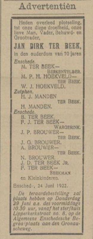 Lipperkerkstraat 8 J.D. ter Beek overlijdensadvertentie Tubantia 26-6-1922.jpg