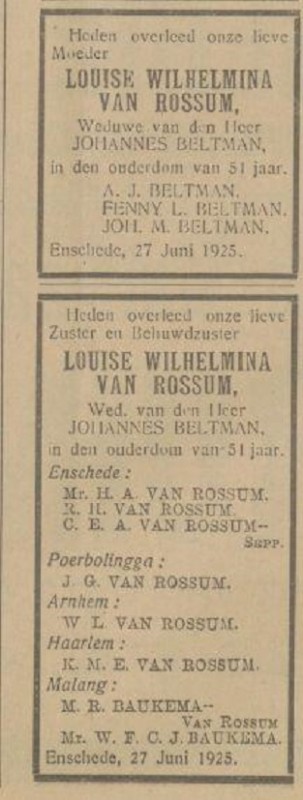 L.W. Beltman-van Rossum overlijdensadvertentie Tubantia 29-6-1925.jpg
