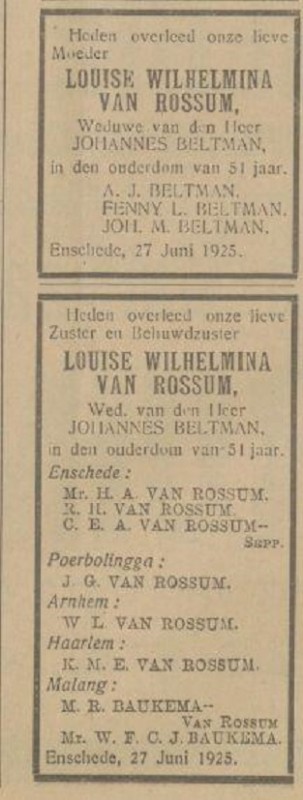 L.W. Beltman-van Rossum overlijdensadvertentie Tubantia 29-6-1925.jpg