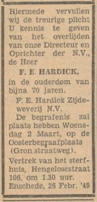 Hengelosestraat 106 F.E. Hardick overl;ijdenadsvertentie Tubantia 28-2-1949.jpg