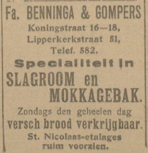 Koningstraat 16-18 Fa. Benninga & Gompers advertentie Tubantia 1-12-1921.jpg